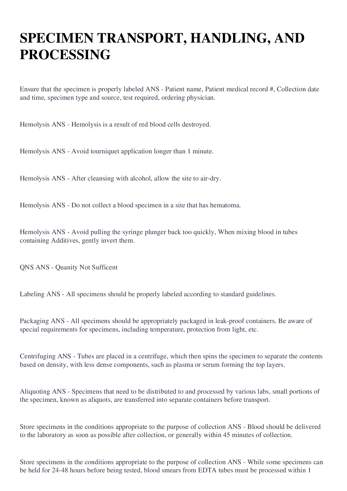 Preview image of SPECIMEN TRANSPORT, HANDLING, AND PROCESSING document